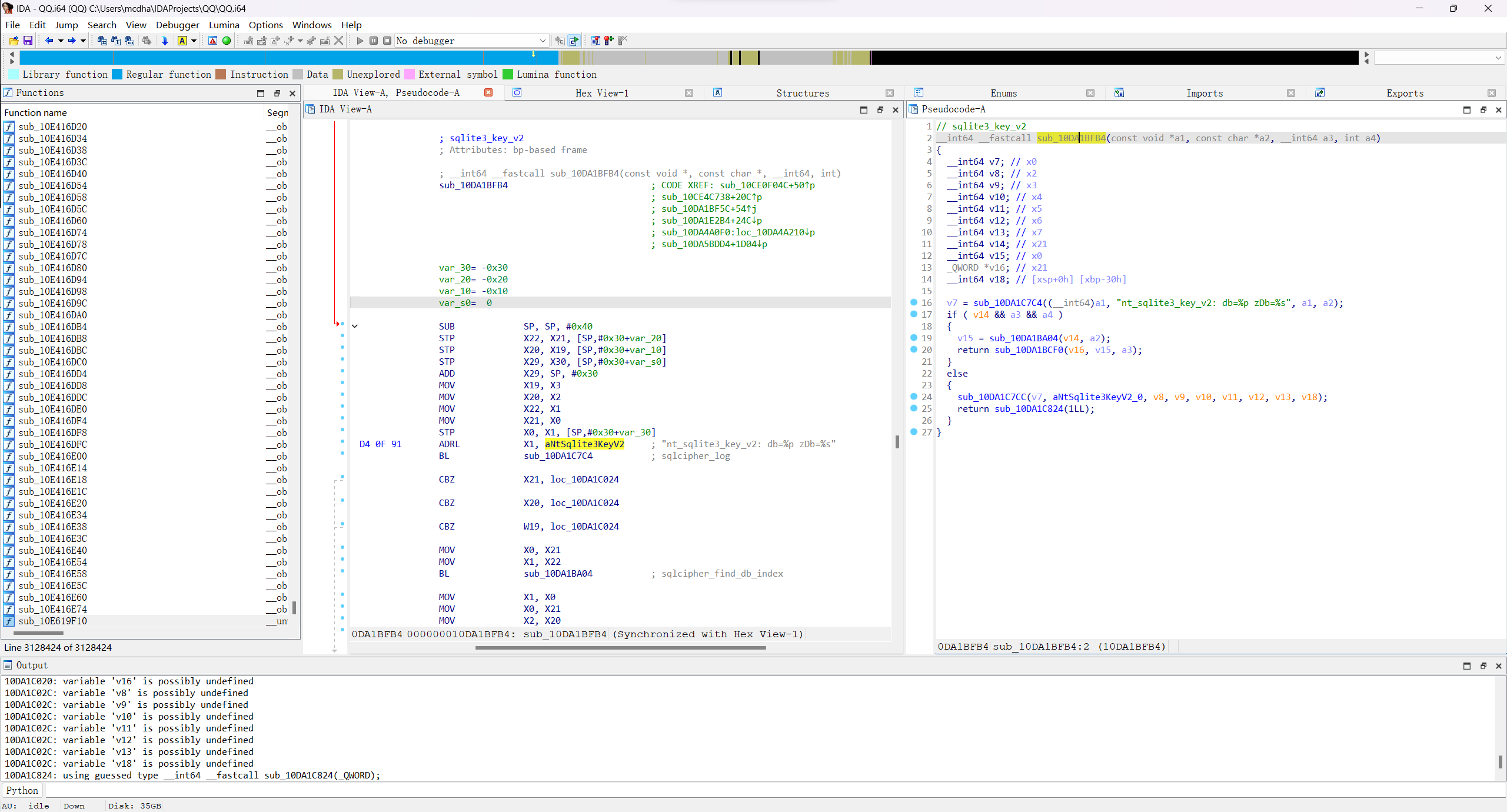 sqlite3_key_v2 函数在 IDA 中的汇编代码与伪代码