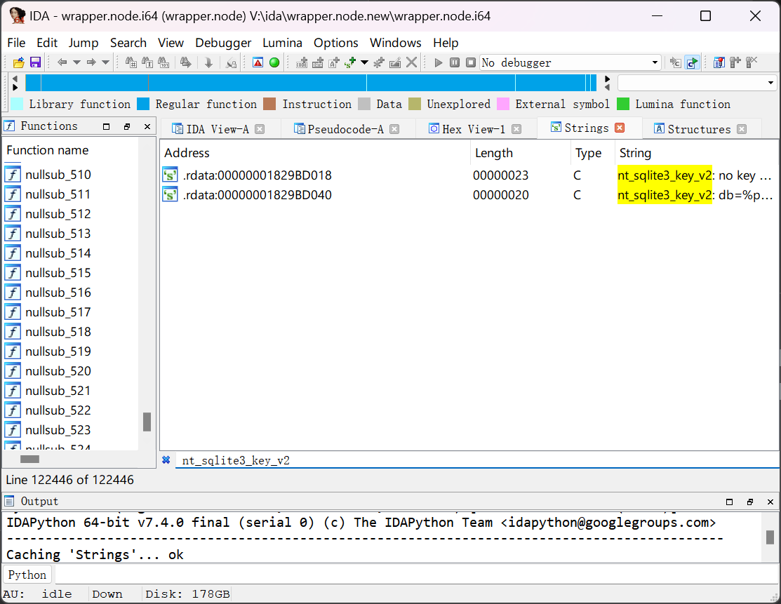 在 Strings 窗口中搜索 nt_sqlite3_key_v2，得到多个结果