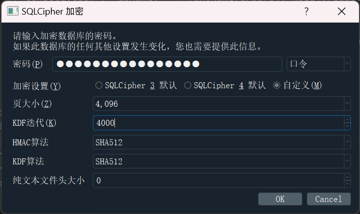 “SQLCipher 加密”窗口中的具体配置选项（中文，Windows 视图）